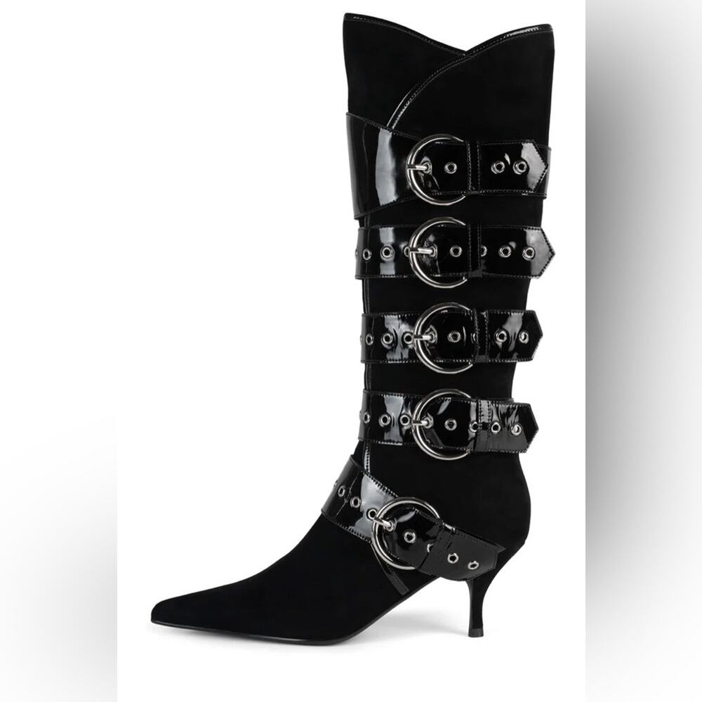 Jeffrey Campbell Seatbelt Black Suede Black Patent Buckle Heel Boots